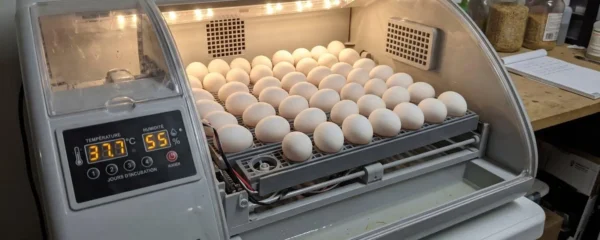 Intérieur d'une couveuse automatique moderne en fonctionnement avec des œufs de poule alignés sur des plateaux de retournement et un panneau digital affichant les paramètres