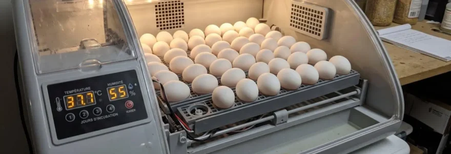 Intérieur d'une couveuse automatique moderne en fonctionnement avec des œufs de poule alignés sur des plateaux de retournement et un panneau digital affichant les paramètres