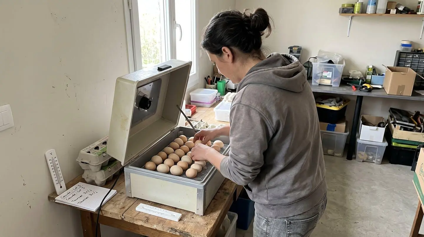 Vue de dos d'une personne en train de retourner manuellement des œufs de poule dans une couveuse ouverte posée sur une table, dans un environnement domestique